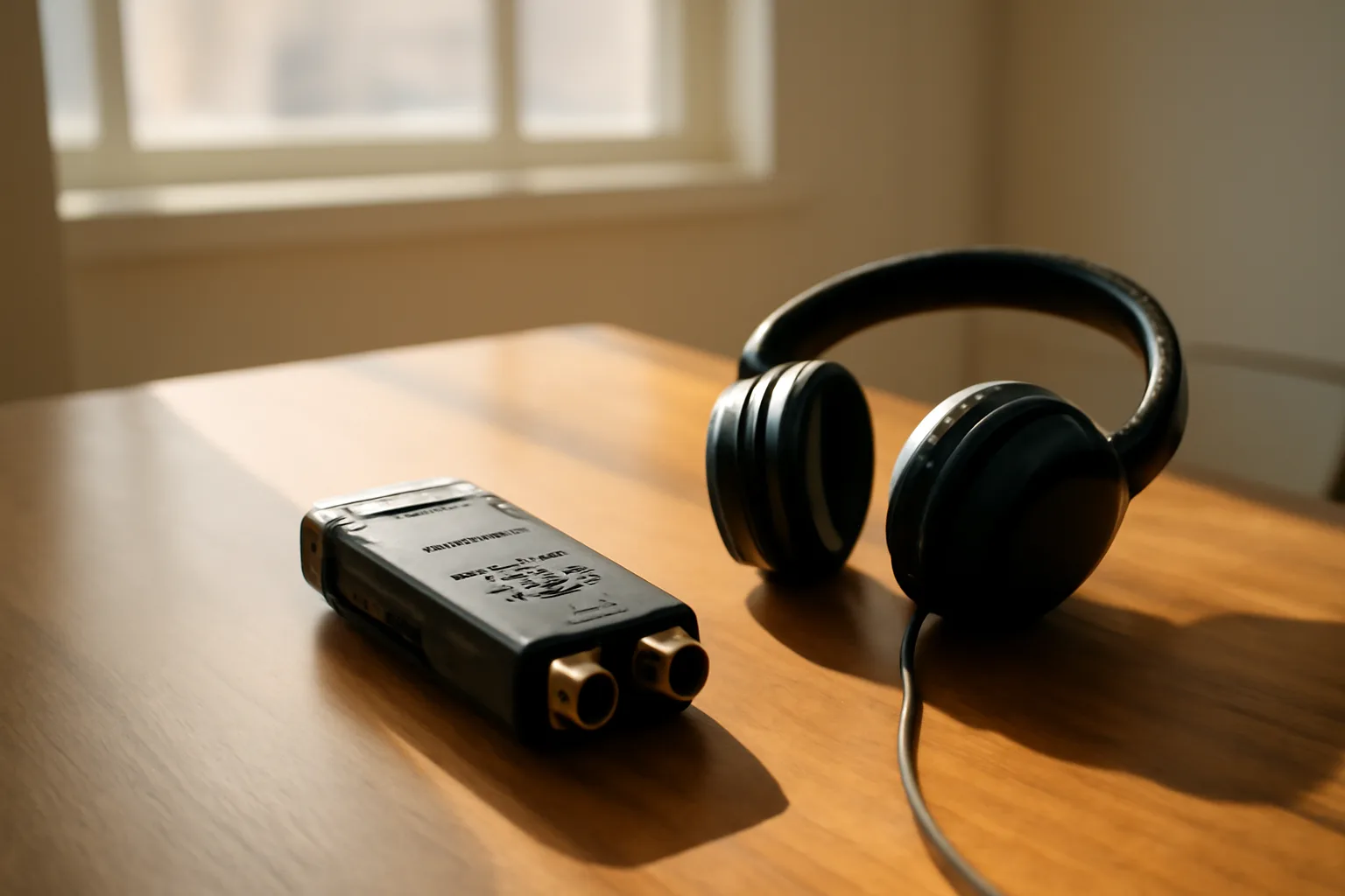 Digital audio recorder and headphones on a Phoenix deposition room table