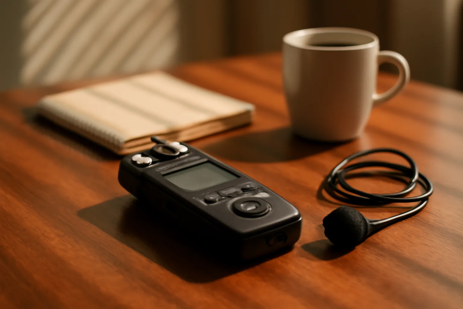 Digital recorder and microphone on a deposition table in California morning light
