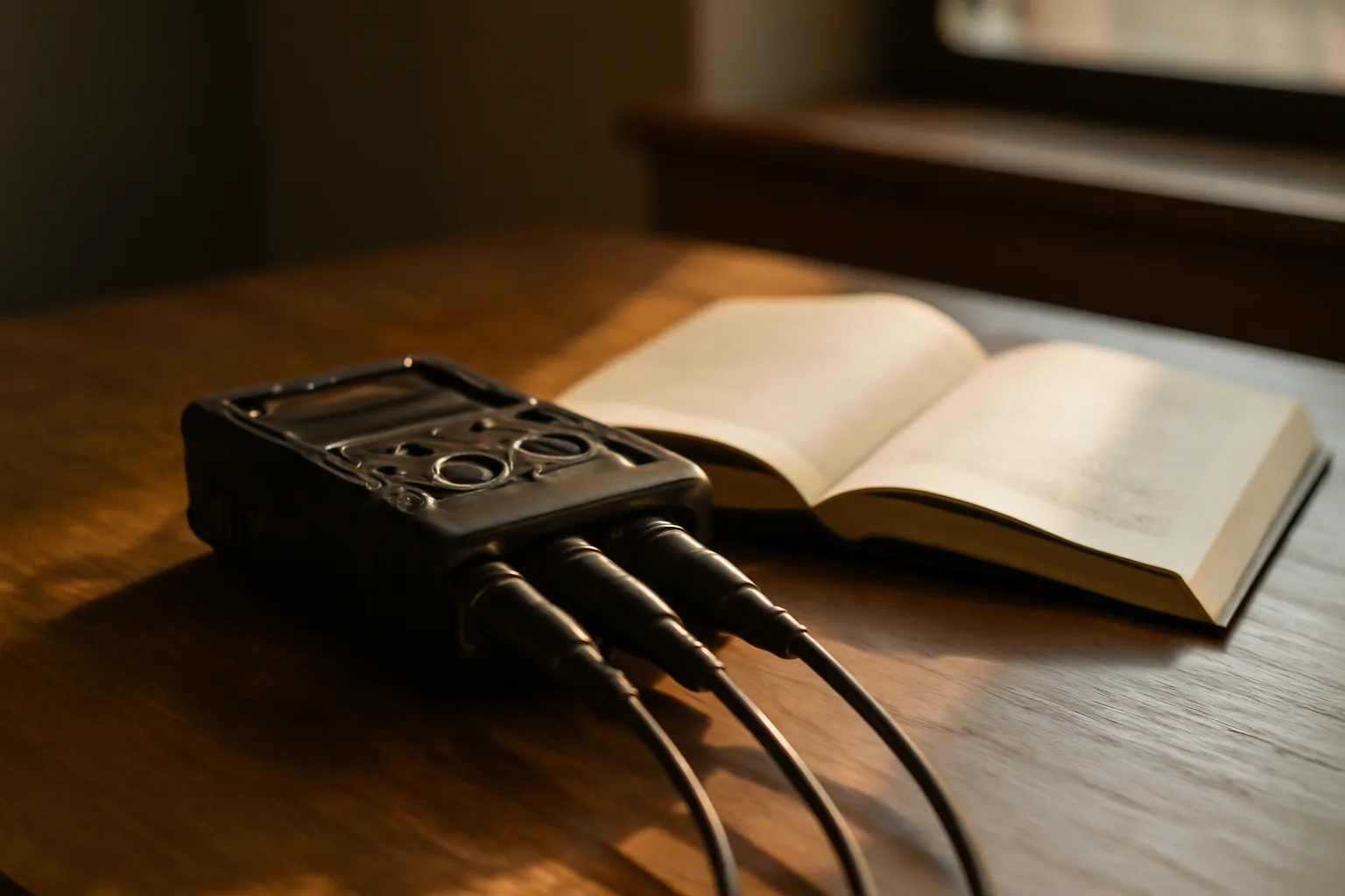 digital recorder and Colorado notary handbook on a desk near a Denver window