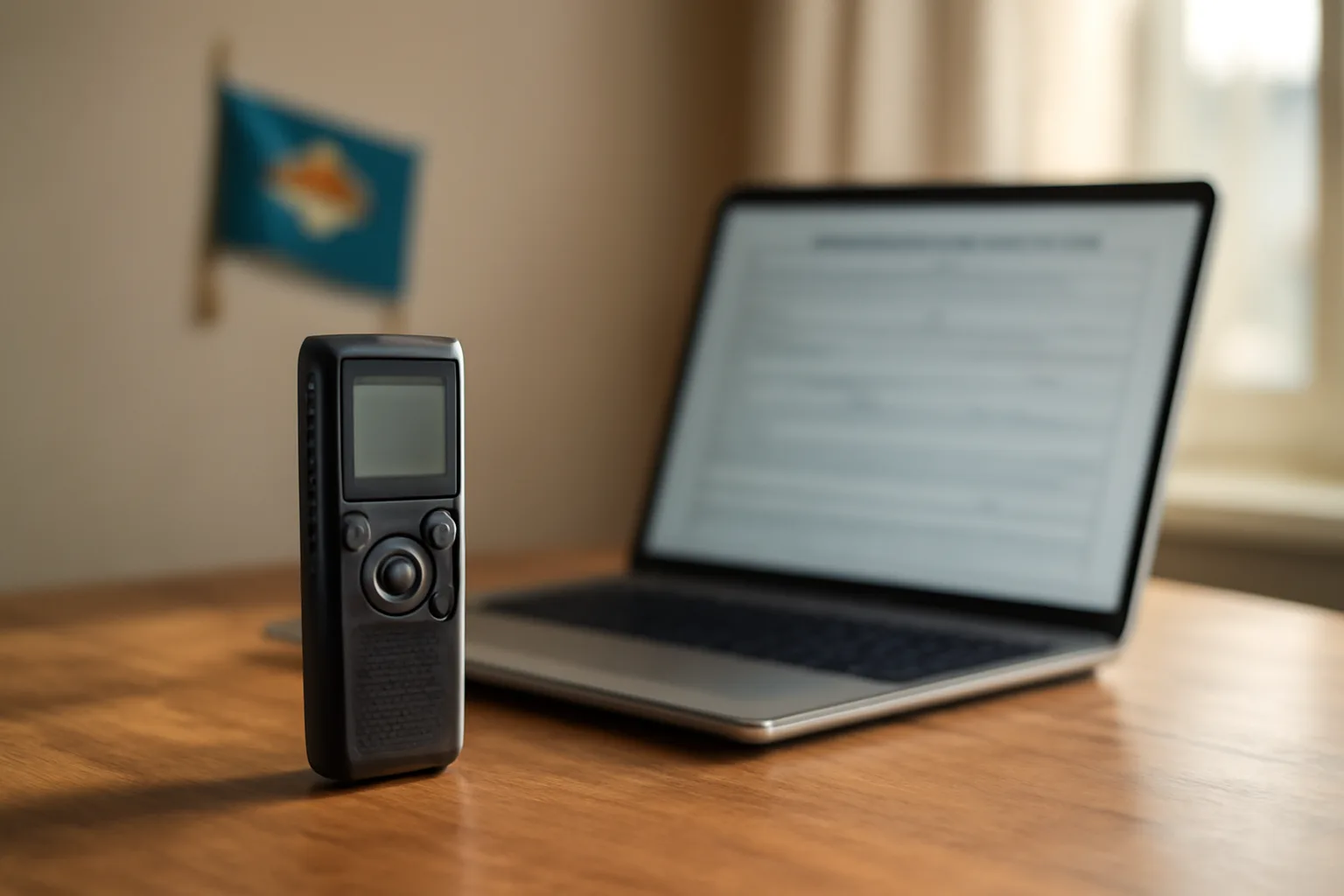 Digital recorder and laptop on a desk with Delaware flag in background
