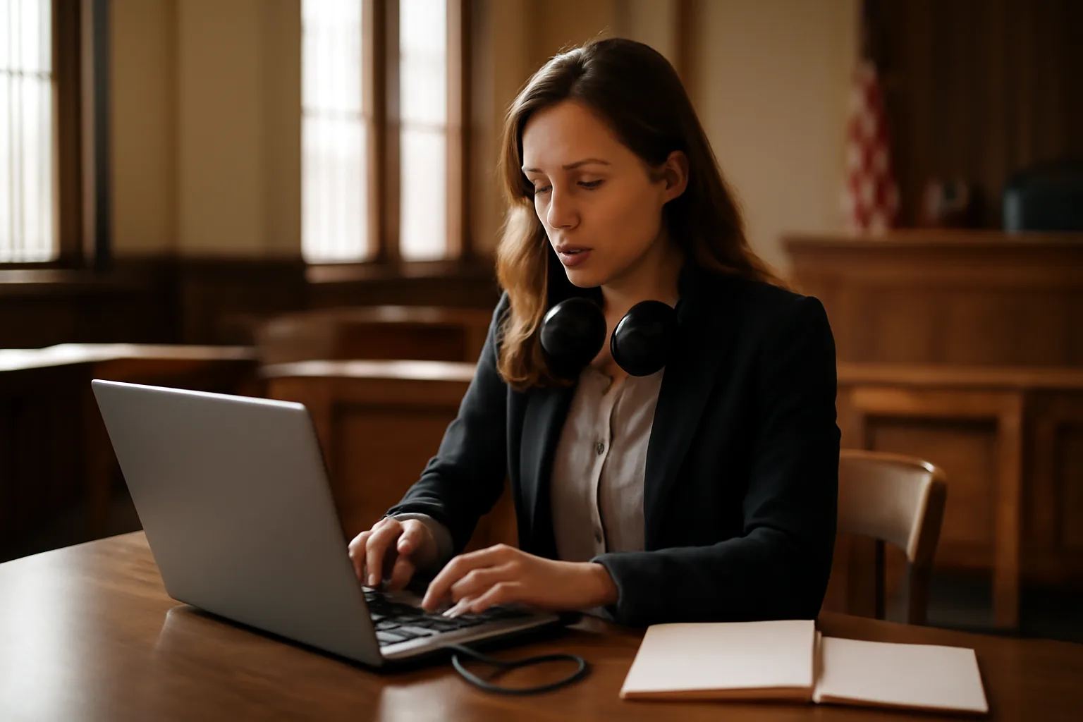 Digital court reporter in a Georgia courtroom with laptop and recorder