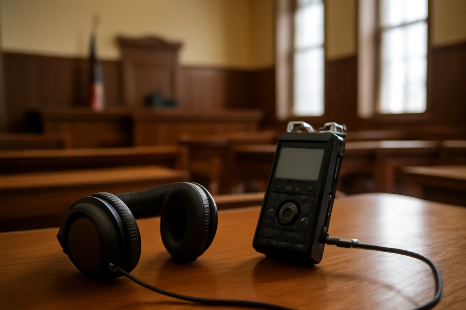 Digital court reporter recording equipment in a courtroom setting