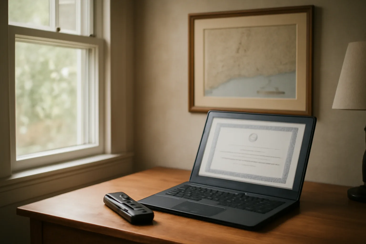 digital court reporter desk with laptop and recorder, Connecticut map for renewal context