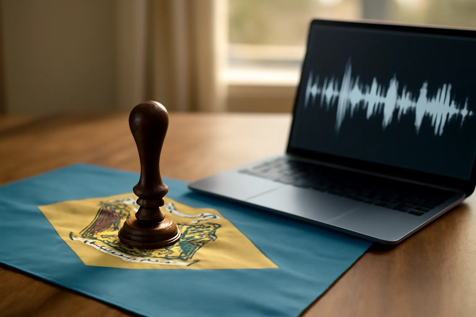 Delaware notary stamp and laptop with audio waveform on a wooden desk