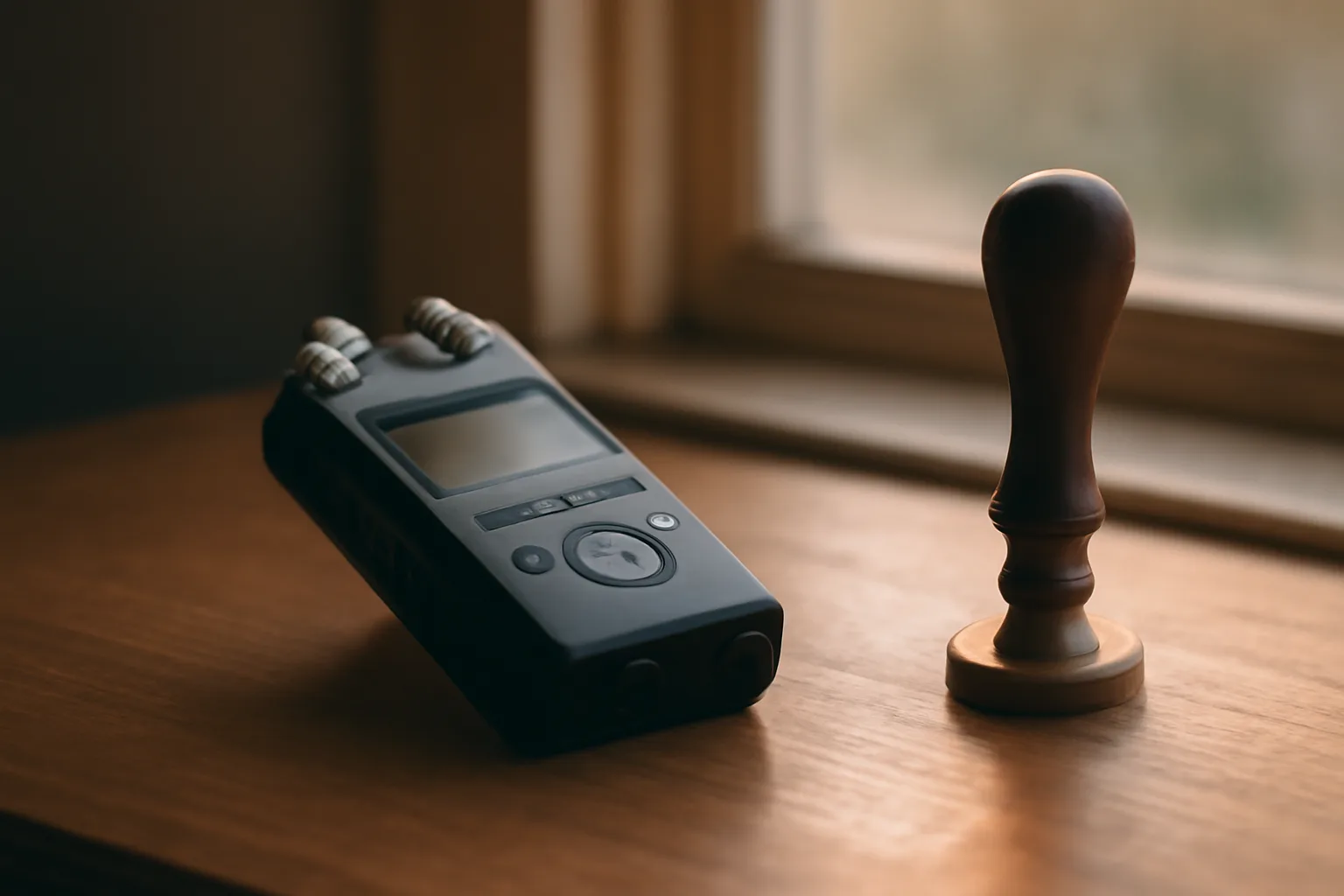 Digital court recorder and notary stamp on a wood desk in morning light