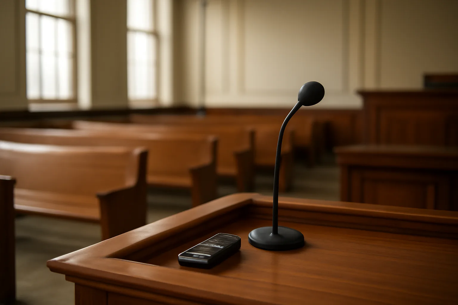 Digital audio recorder and microphone in an empty Delaware courtroom.