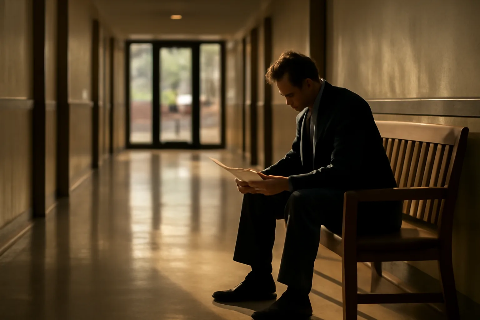 Person reading Florida statutes on a bench in a Tallahassee government building
