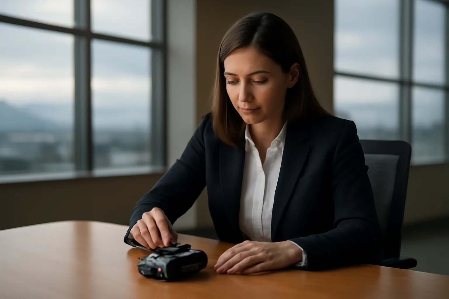 Multi-channel audio recorder on a conference table used by a digital court reporter in Alaska