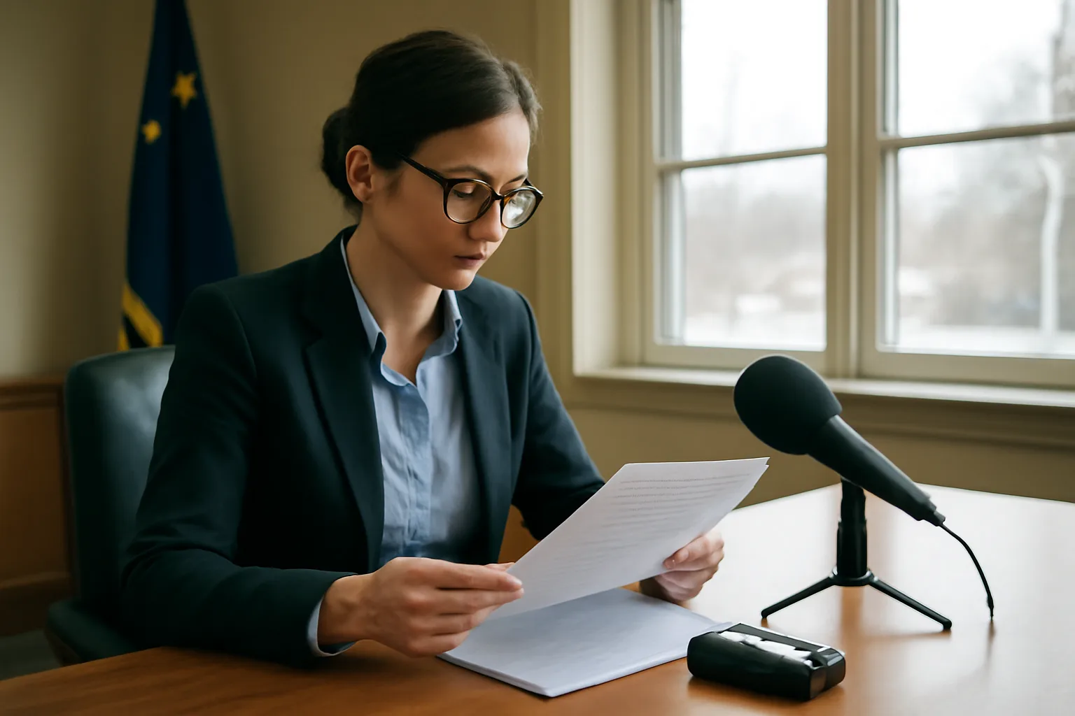 Digital court reporter reviewing legal documents beside a recording device in an Alaska office