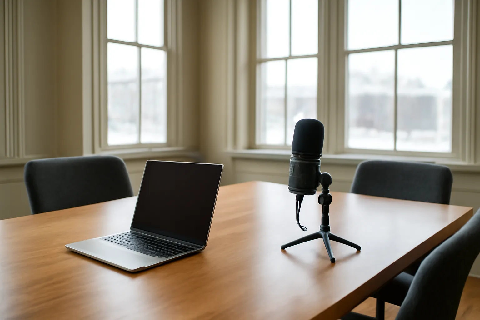 Professional digital recording equipment on a conference table in an Anchorage office