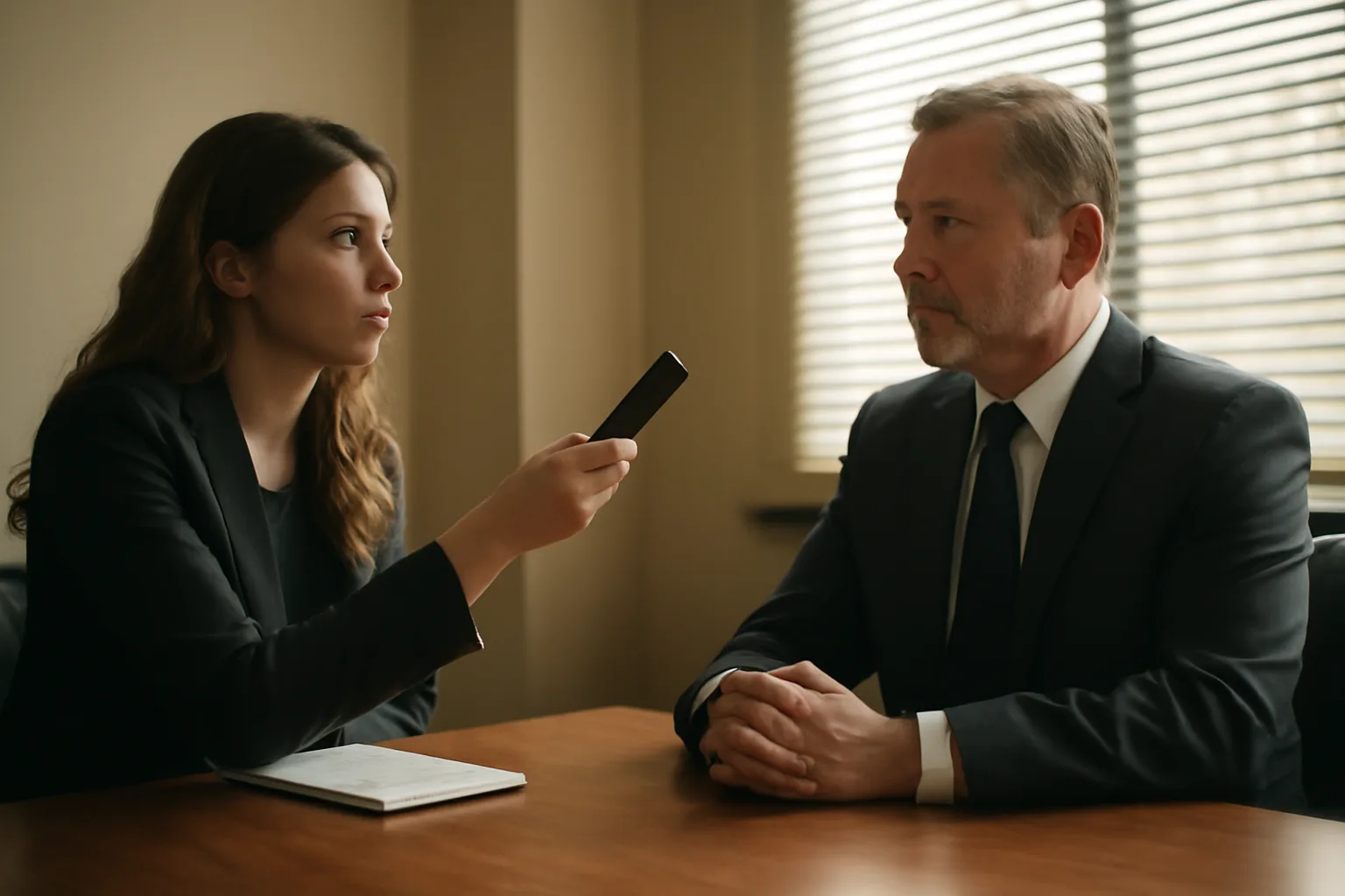 Digital court reporter setting up a recorder in a Denver deposition room