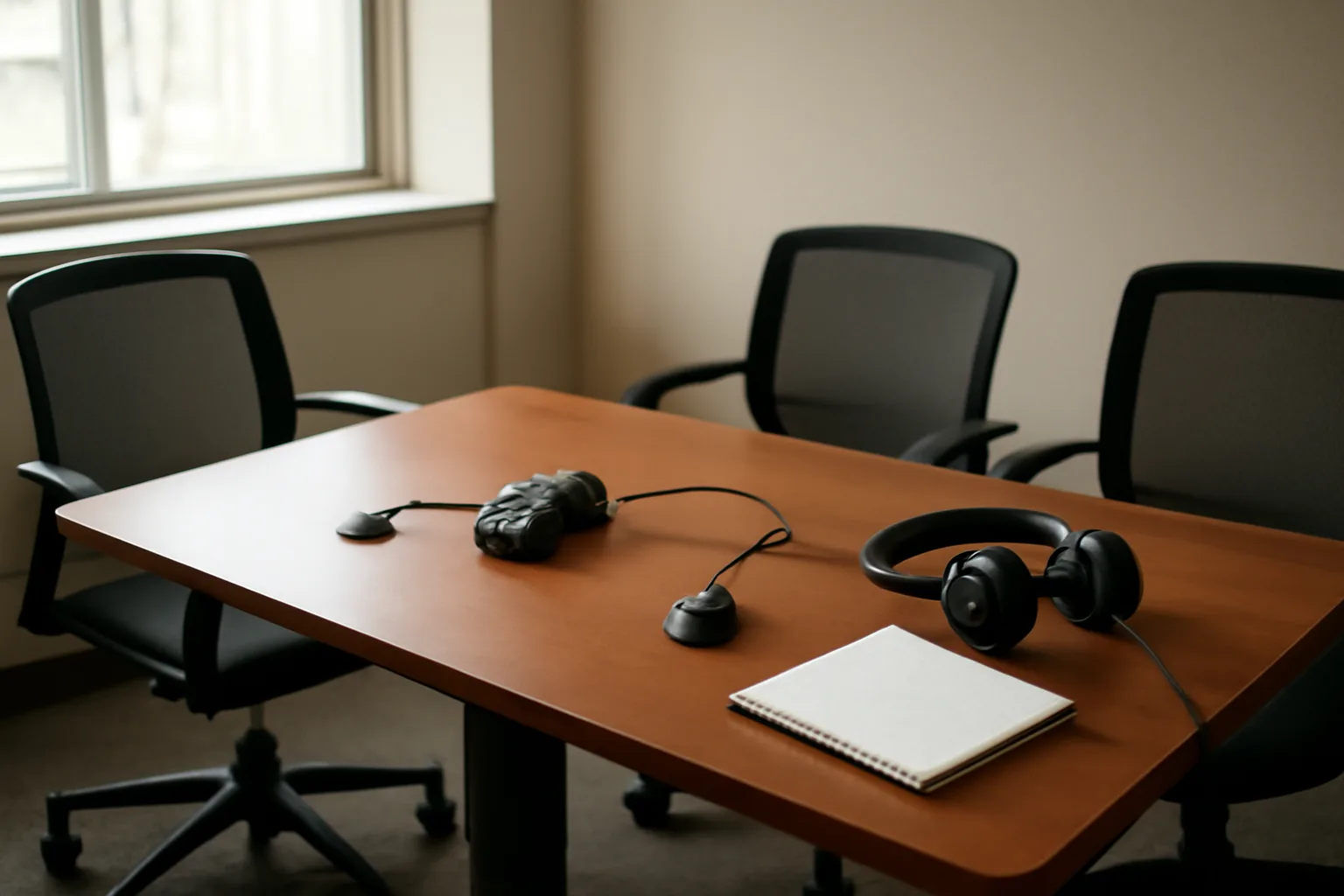 Digital court reporter audio recorder and headphones on a Delaware deposition table