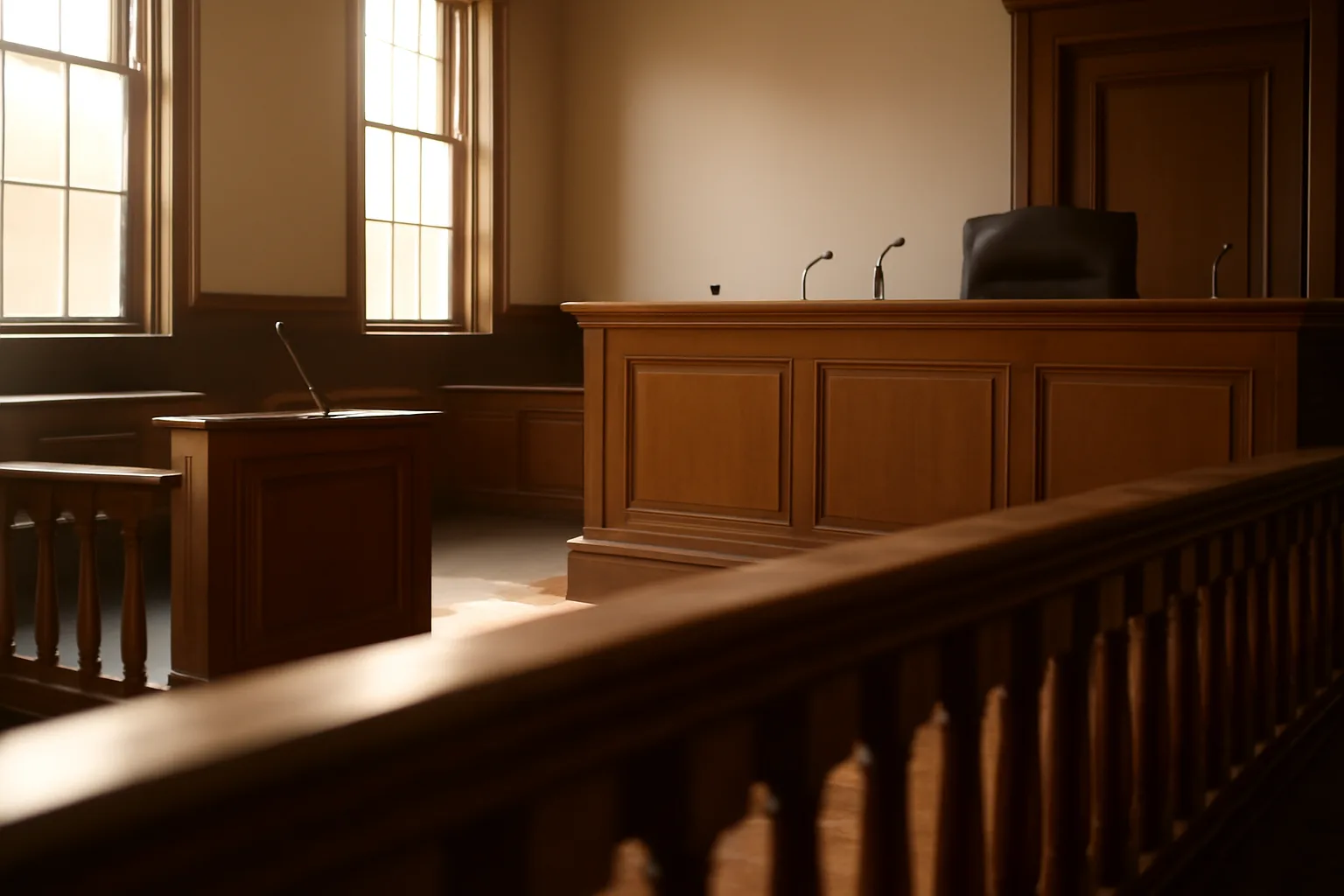 Empty courtroom interior with witness stand and gallery in morning light