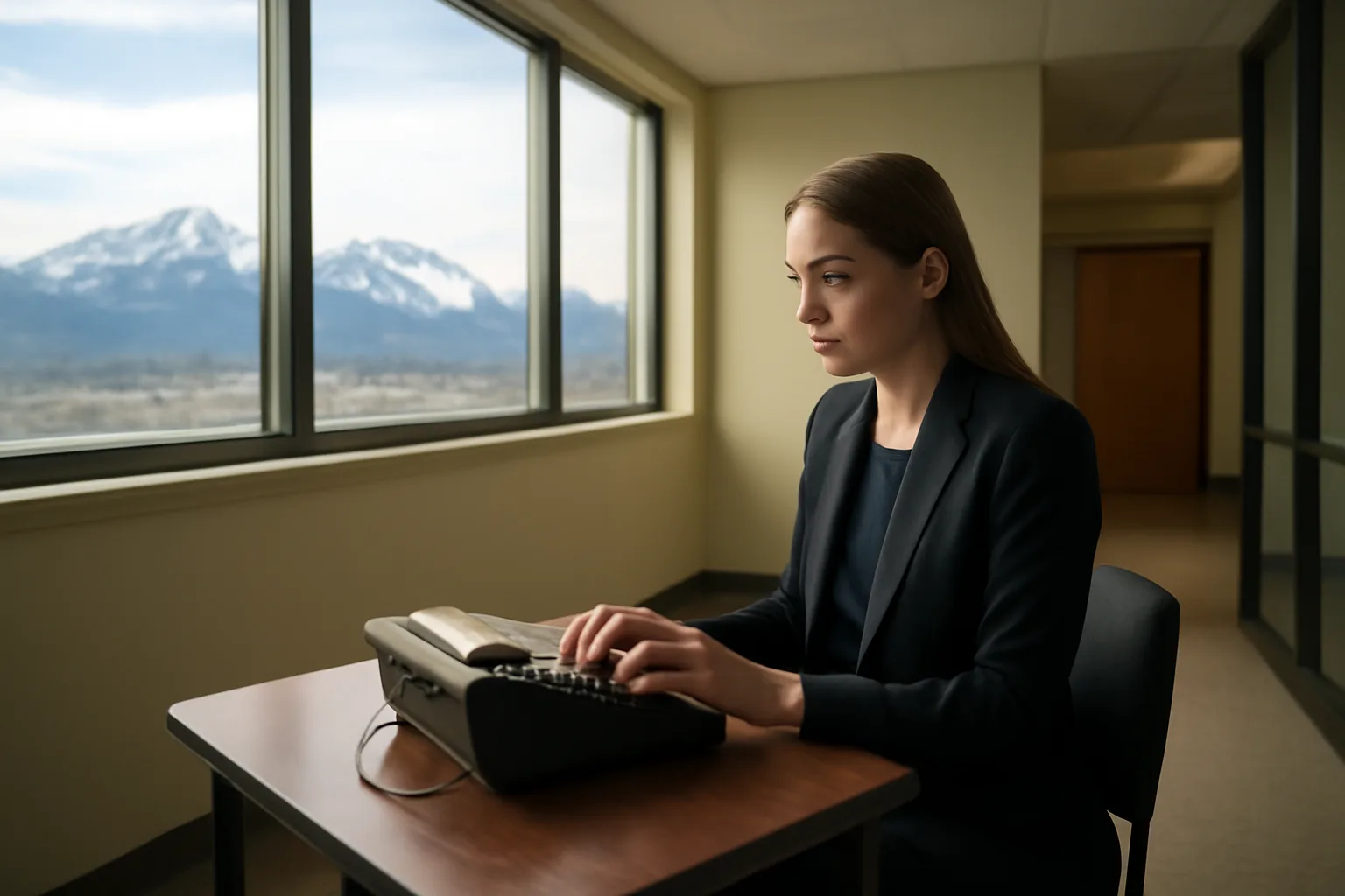Digital court reporter at desk with recording equipment in Alaska courtroom building