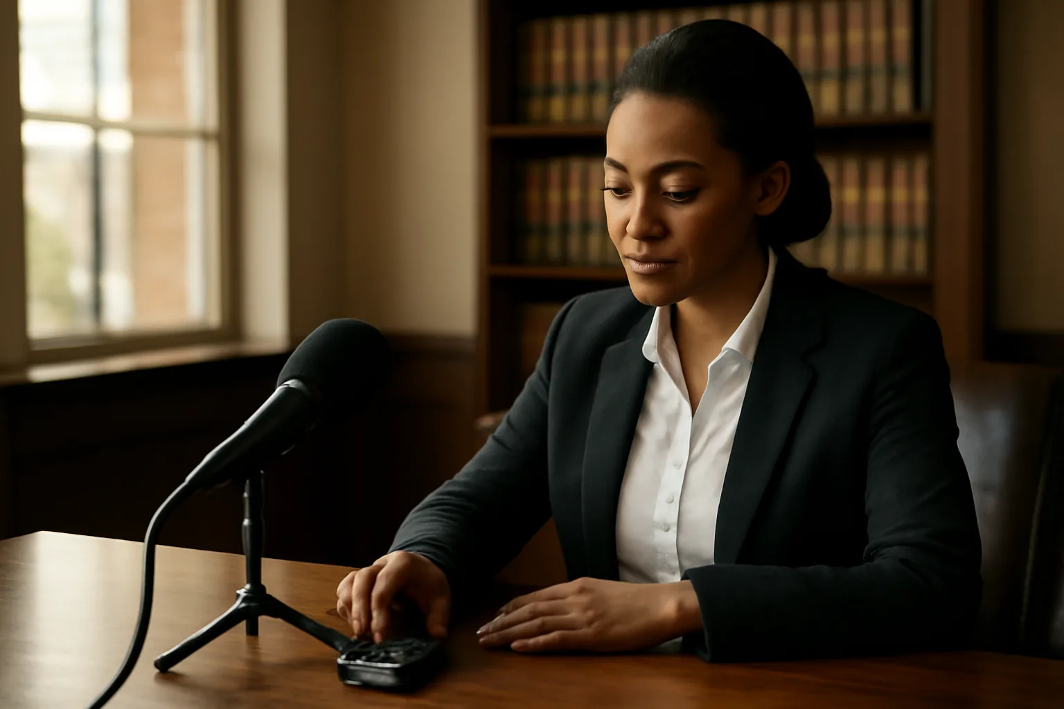 Digital court reporter setting up audio recorder at conference table in Alabama law office