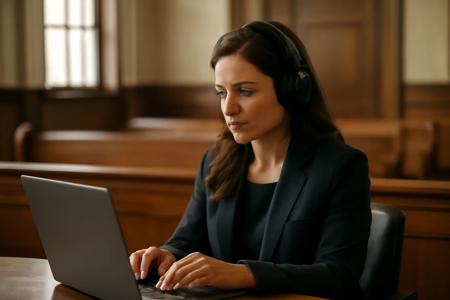 Digital court reporter recording in a California courtroom with laptop and headphones, no text visible.