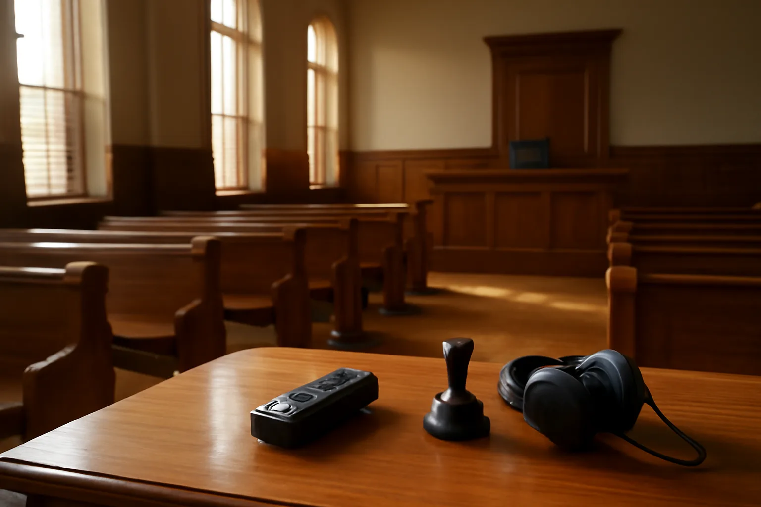 Digital court reporter equipment on a table in a quiet Colorado courtroom