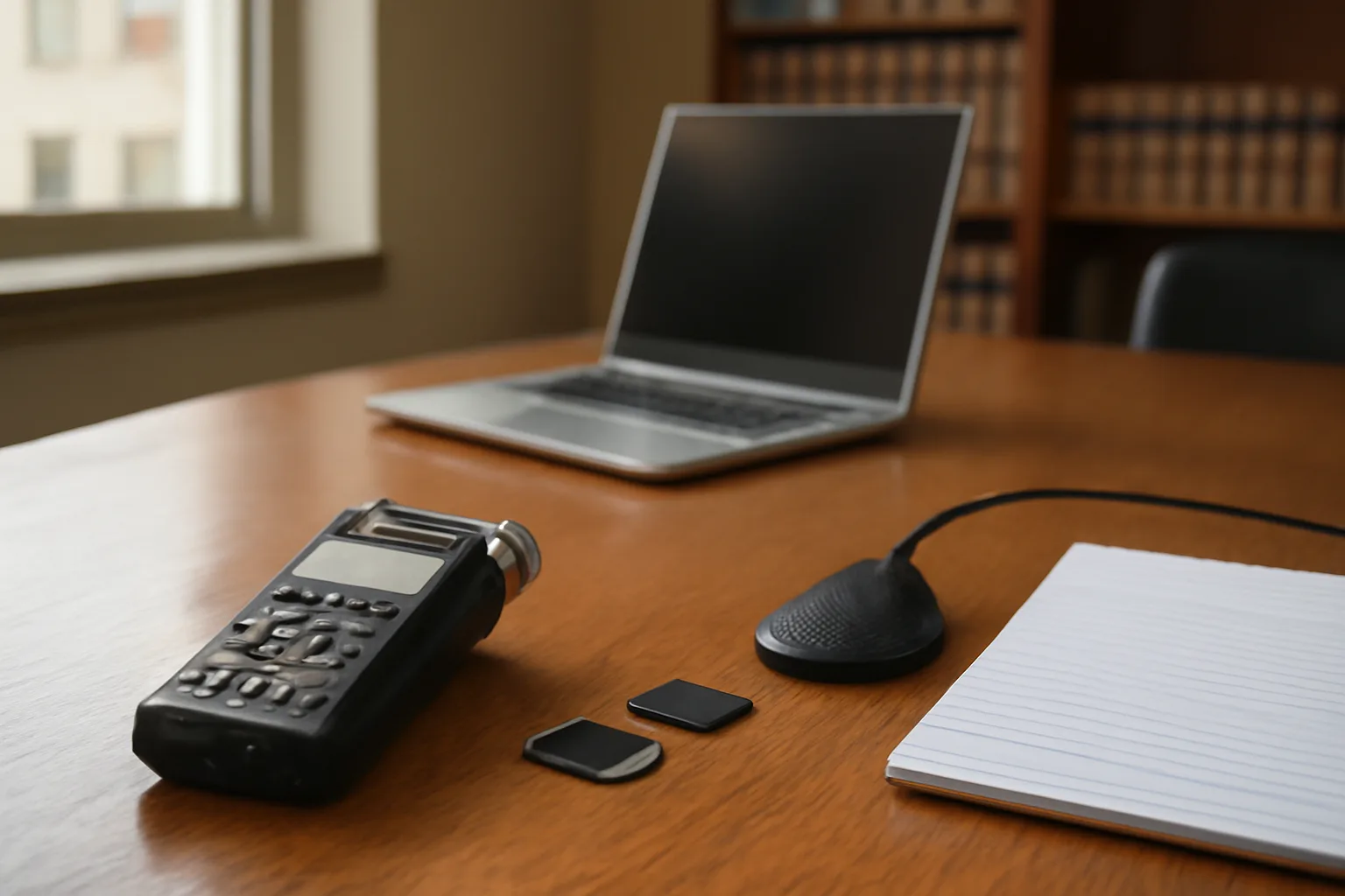Digital court reporter equipment setup in Delaware with recorder and laptop.
