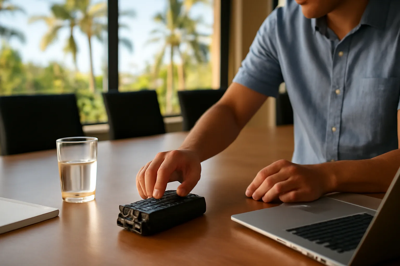 Digital court reporter setting up recording gear in a Hawaii deposition room